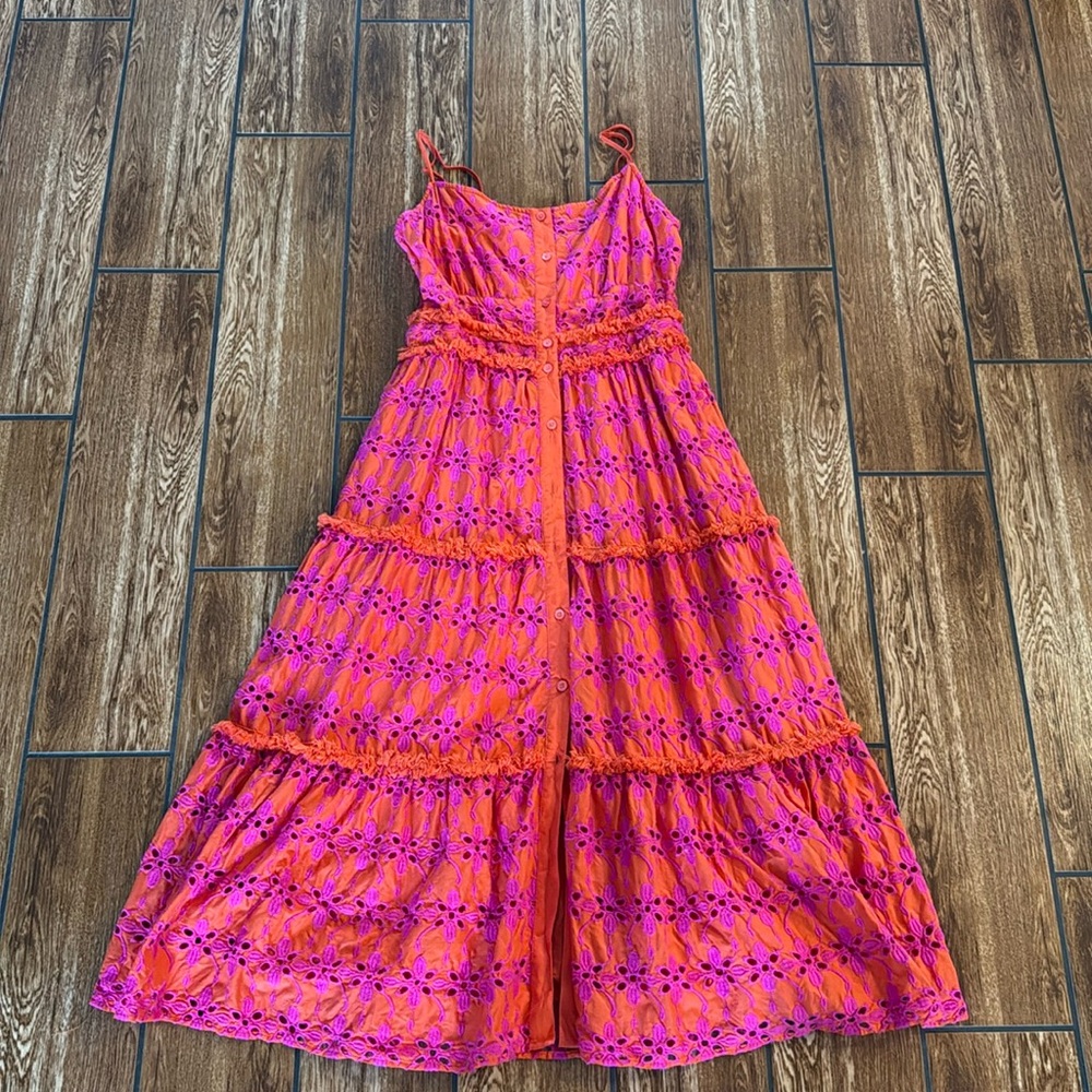 J. Crew Pink and Orange Eyelet Tiered Midi Dress